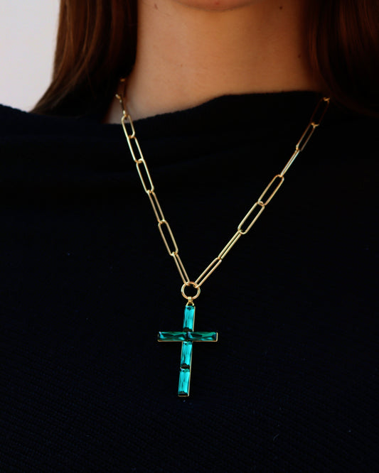 Collar Cruz Cadena Verde Turquesa